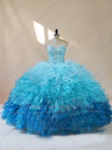 Three Layers Organza Wave Waterfalls Colorful Quinceanera Cake Ball Gown Girls