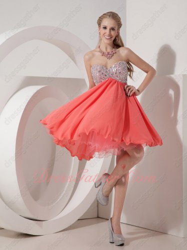 Silver Crystals Empire Cover Tummy Coral Chiffon Short Event Celebrity Prom Dress