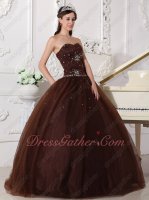 Chocolate Brown Tulle Adult Ceremony Quince Ball Gown With Rhinestone