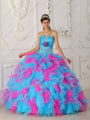 Strapless Hot Pink and Azure Aqua Mingled Ruffles Skirt Quinceanera Gown Excellent