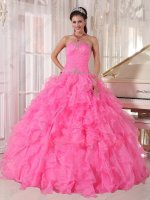 Floor-length Hot Pink Dense Organza Ruffles Quinceanera Party Ball Gown Tulle Inside