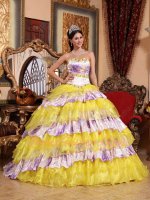 Bright Rape Flow Yellow Organza and Printed Purple Mingled Layers Quince Ball Gown