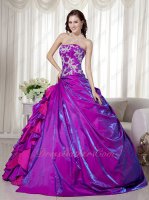 Shiny Purple Satin Embroidery Side Ruffles Quinceanera Sweet 16 Ball Gown Sunshine