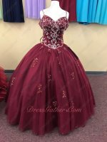 Burgundy Beading and Applique Spaghetti Straps Puberty Rite Gown Daughter Grown Up Lady