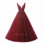 V Neck Sheer Tulle Cleavage Simple Style Puffy A-line Wine Red Prom Ball Gown