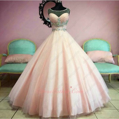 Scoop Sheer Tulle Neckline Floor Length Puffy Ruched Skirt Dancing Quinceanera Blush