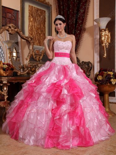 Pink and Hot Pink Mixed Serried Ruffles Skirt Contrast Color Quince Girl Court Gown