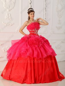 Low Price Layers Flouncing Neckline Hot Pink/Red Quinceanera Ball Gown Sale