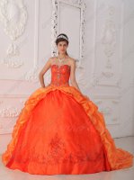 Embroidery Bottom Orange Red Quinceanera Ball Gown With Chapel Bubble Train