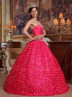 Hot Pink Strapless Quinceanera Dress 3D Fowers Ball Gown Low Price