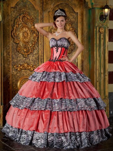 Zebra/Watermelon Taffeta Interphase Layers Old Style Quinceanera Dress Clearance