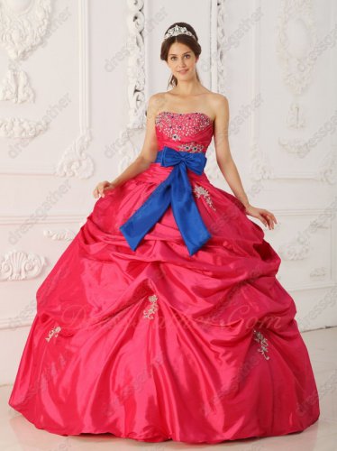 Royal Blue/Ribbon Waist Decorate Very Puffy Slip Quince Court Ball Gown Coral