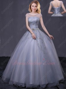 Scoop Transparent Neck Silver Little Puffy Military Prom Evening Gown Stars Detail