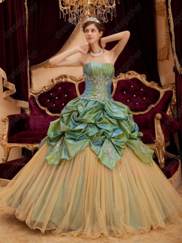 Half Army Green Taffeta Bubble Half Gold Flat Tulle Strapless Quinceanera Gown