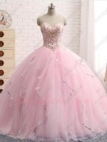 Lovely Pink V-Shaped Waist Quince Puffy Dance Gown Girls Gift Sequin Tapes Edging