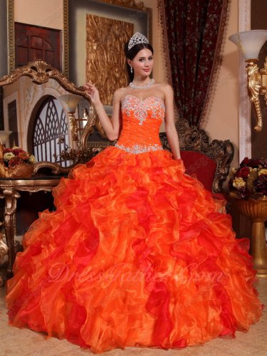 Bright Orange Ruffles Mingled With Red Organza Quinceanera Ball Gown Special Sale