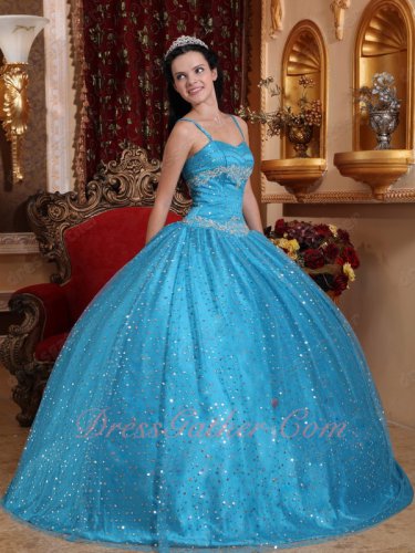 Spaghetti Straps Dodger Sky Blue Twinkling Sequin Tulle Sweet 16 Ball Gown Pretty