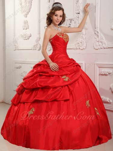 Inexpensive Floor Length Lace Up Back Evening Ball Gown Red Taffeta With Gold Applique