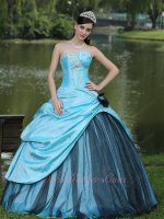 Aqua Blue Taffeta Overlay/Cover Quniceanera Ball Gown With Black Sparkle Tulle