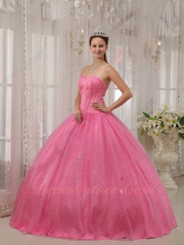 Lines Beadwork Bodice Rose Pink Lady Quince Ball Gown Puffy Flaring Sequin Flat Skirt