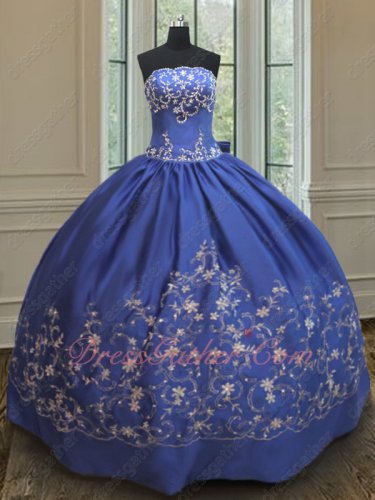 Western Deep Royal Blue Satin Silver Embroidery Quinceanera Ball Gown Custom Fit Free