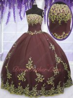 Strapless Floor Length Quinceanera Court Ball Gown Burgundy With Gold Appliques