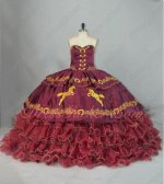 Western Burgundy Gold Horse Horseshoe Embroidery Overlay and Ruffles Quince Ball Gown