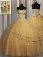 Gold Tulle Quinceanera Prom Pageant Ball Gown 2023 Custom Made Plus Size Free