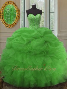 Spring Green Lines and Beading Bodice Puffy Organza Skirt Quinceanera Ball Gown