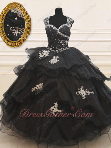 Gothic Double Straps Front Full Tulle Back Layers Applique Black Ball Gown Sales Online