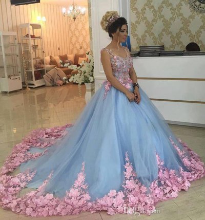 Straps Sweetheart Baby Blue With Pink 3D Flowers Dress For Quinceanera Wedding Wear