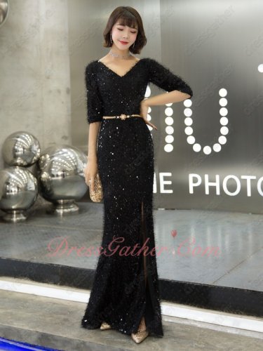 Half Sleeves Sheath Slit Skit Black Feather Evening Stage Queen Ceremony Gowns Sparkle