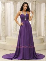 Medium Eggplant Purple Chiffon V-Shaped Straps Evening Gown Big Train Amiable