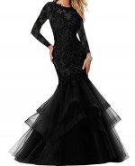 Demure Sheer Scoop and Long Sleeves Applique Black Mermaid Mother of the Bride Dress Senior Women