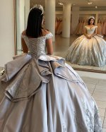 Off Shoulder Big Bust Quinceanera Dress Silver Sweet 16 Dress Applique and Beading