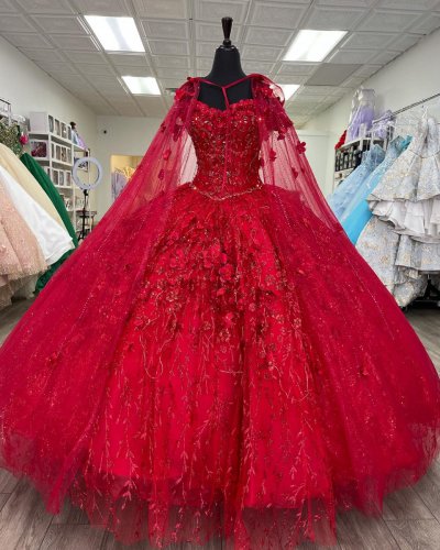 Amazing Floor Length Glitter Branches Lace 3D Flowers Red Quinceanera Dress and Cape