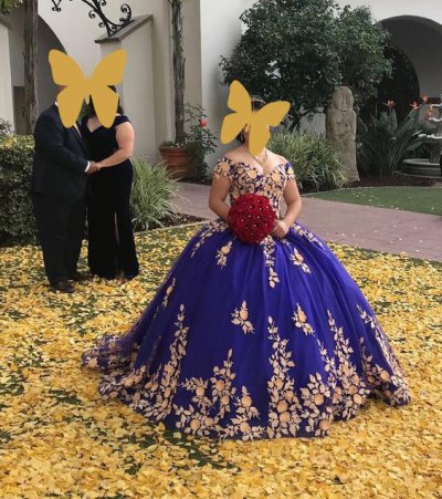 Pretty Off Shoulder 3D Flowers Hemline Royal Blue and Fallen Leaves Yellow Quinceanera Dress