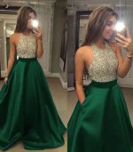 Beautiful Scoop Beaded Nude Bodice A-line Hunter Green Skirt Prom Party Dress Lady Wear With Pockets