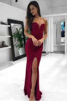 Cheap Shapely Good Figure Wine Red Elastic Evening Pageant Gown With Slit
