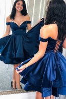 Pretty Off Shoulder Deep Royal Blue Tiered Skirt Homecoming Dress