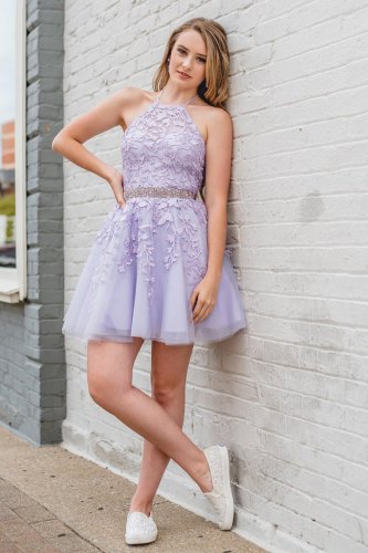 Halter Neck A-line Leaves Lace Decorated Lavender Mini Length Cocktail Party Dancing Dress