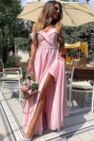 Lovely Off Shoulder Pink Floor Length Formal Prom Dress With High Slit