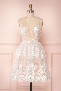 Nude Lining Off White Lace Cocktail Homecoming Dress With Straps Cross Back