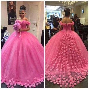 Designer Off Shoulder Handmade 3D Flowers Adorned Rose Pink Quinceanera Ball Gown Vestido De 15th Birthday