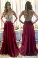 Lovely Deep V Neck Nude Beaded Bodice Wine Red Floor Length Skirt Evening Prom Dress