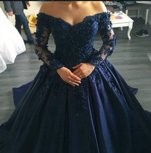 Designer Off Shoulder Sheer Long Sleeves Beaded Applique Navy Blue Quinceanera Ball Gown With Train
