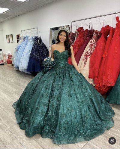 Sweetheart Emerald Green Sparkle Quinceanera Dress With 3D Flowers