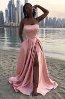 Sharp Bateau Neck Blush Pink Satin Evening Pageant Dress Slit and Pockets