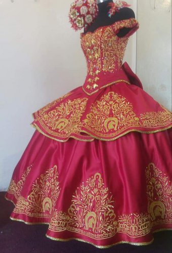 Off Shoulder Fuchsia Charra Insignia Quinceanera Dress Full With Gold Embroidery