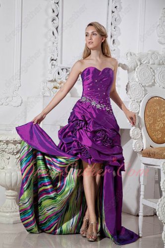 Exclusive Purple Radial Beaded High-Low Puckered Rite Dress Colorized Printed Inside